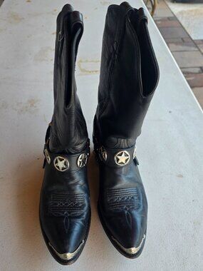 Laredo Black Leather Western Harness Boots Silver Star Concho Toe Tips 9D  L